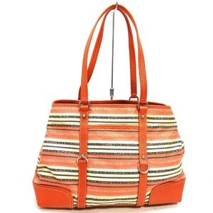 PRADA Striped Jacquard Logo Canvas & Orange Leather Tote Shoulder Bag